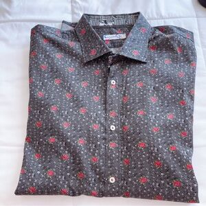 BRANDOLINI Button Down Dress Shirt 100% Cotton Floral Print Black 3XL